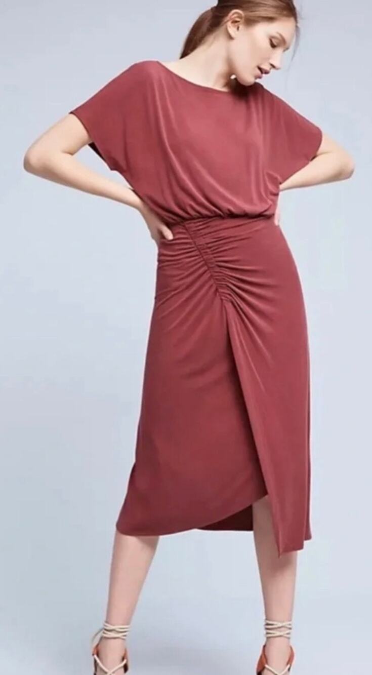 Anthropologie Moulinette Soeurs Etta Ruched Midi Dress Muted Berry Size S
